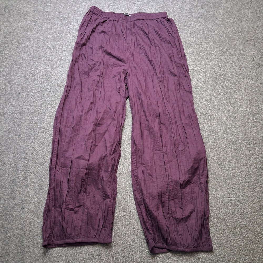 Gudrun Sjoden Organic Cotton Crinkle Pants Purple Wide Leg Elastic Waist Small